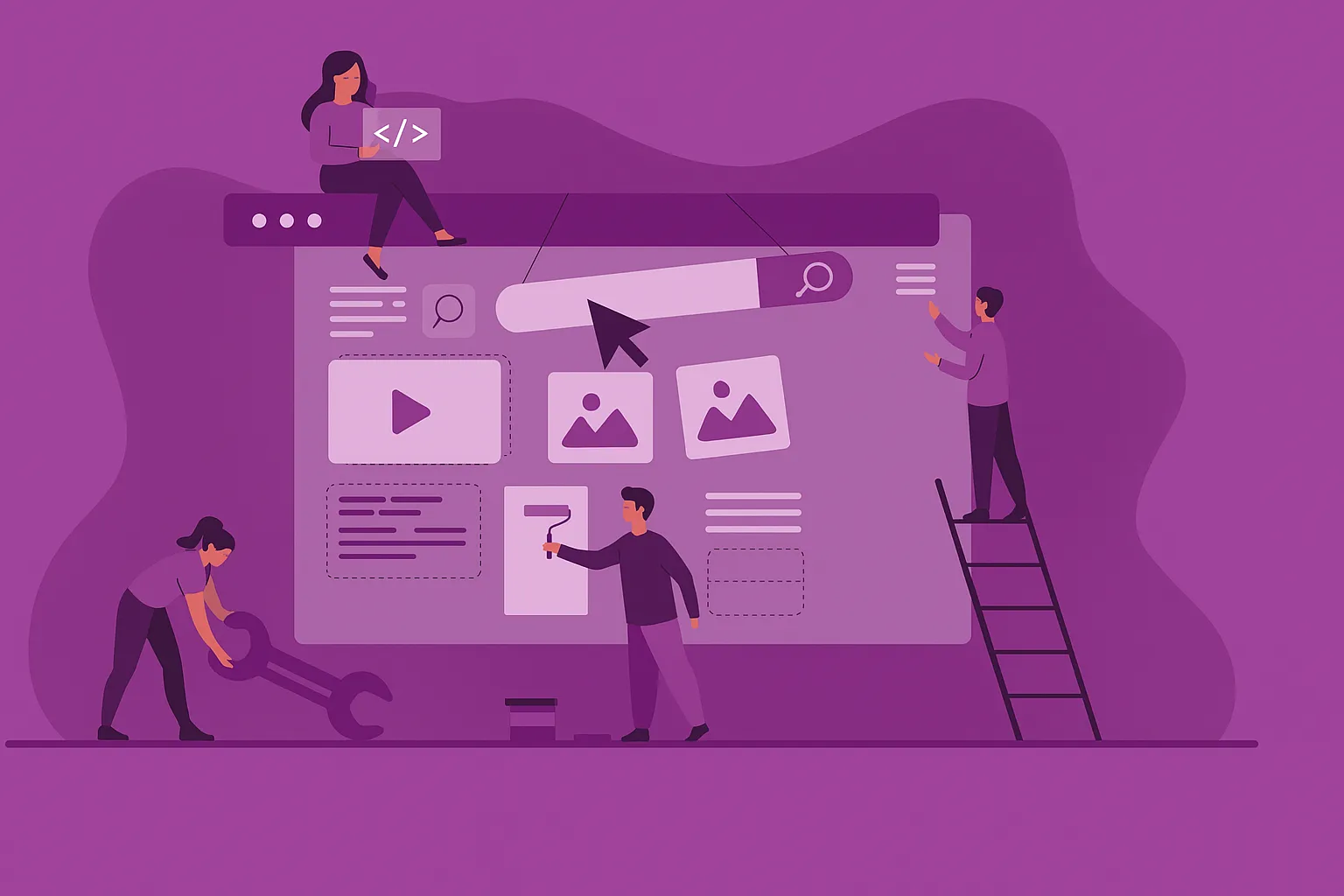 Multiple individuals building a web page as if they are building a house