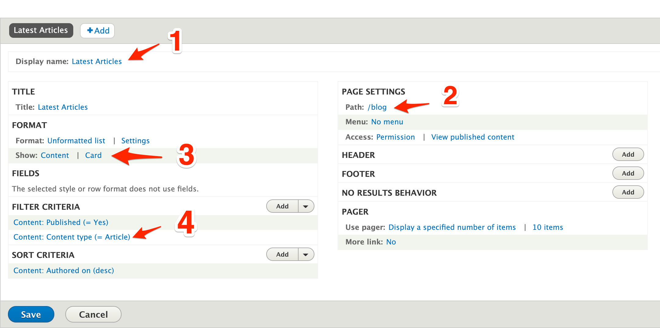 Screenshot of settings for Latest Articles view