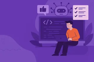 Illustration of person using a laptop with coding-related graphics around him.