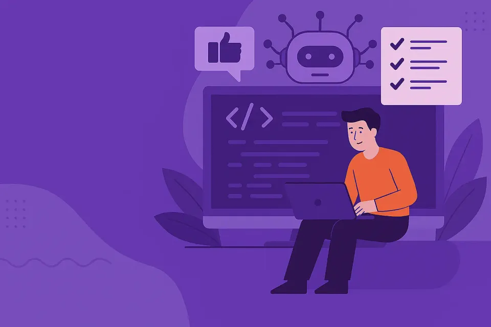 Illustration of person using a laptop with coding-related graphics around him.