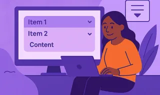 Illustration of person using a laptop with coding-related graphics projected on a big screen.