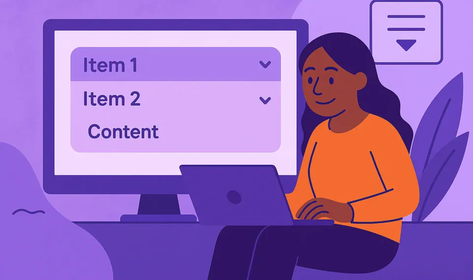 Illustration of person using a laptop with coding-related graphics projected on a big screen.