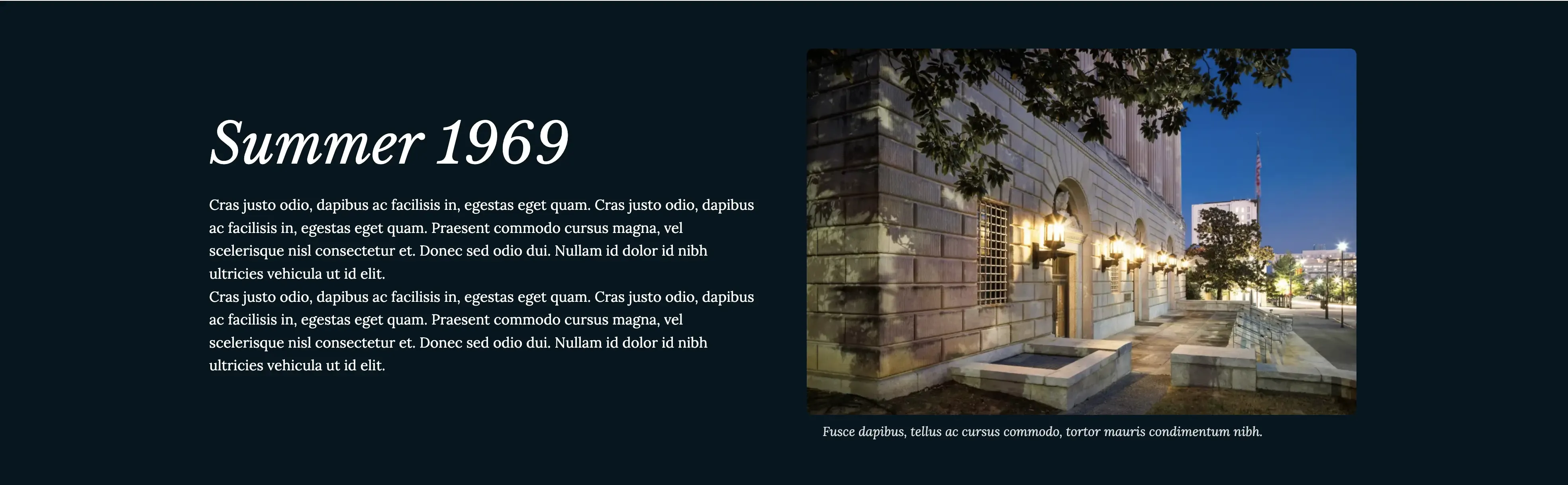 Card with with image and text side by side with dark background